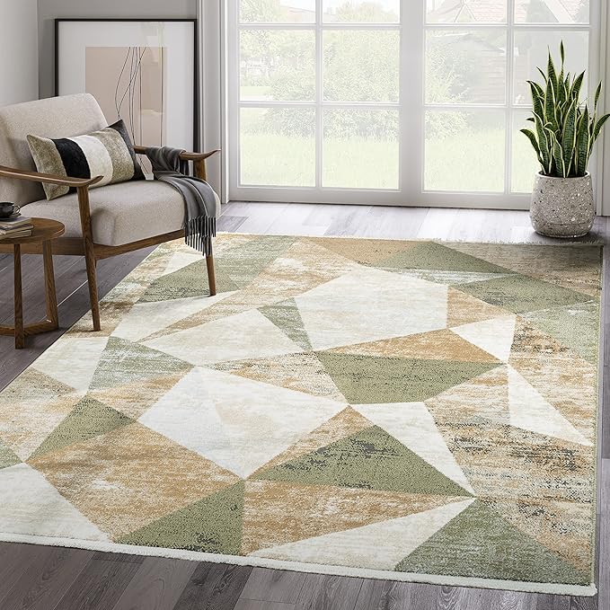 Abani Savoy Collection Area Rug - Green and Cream Geometric Design - 5'3"'x7'6 - Easy to Clean - Durable for Kids and Pets - Non-Shedding - Medium Pile - Soft Feel -for Living Room, Bedroom & Office