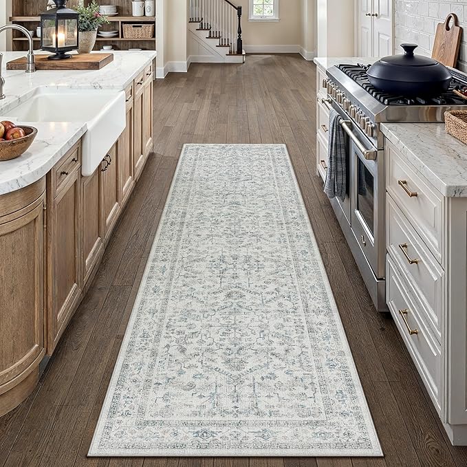 Blue 2x8 Runner Rug Vintage Area Carpet Hallway Indoor Kitchen Washable Low Pile Traditional Distressed Retro Accent Throw Rug Non Slip for Laundry Bathroom Office