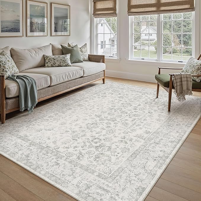 5x7 Grey Area Rug Non Slip Vintage Living Room Distressed Machine Washable Carpet Traditional Indoor Bedroom Grey Retro Floral Accent Throw Rug for Office Kitchen Dorm Dining Room