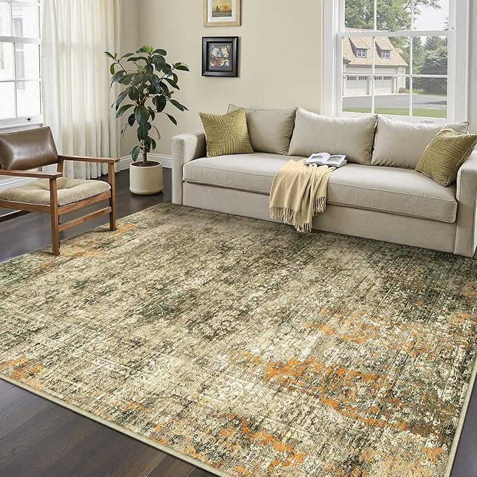 Area Rug 5x7 Brown Washable Non-Slip Lightweight Floral Vintage Distress Print Rug for Living Room Low Pile Soft Throw Indoor Carpet for Office College Dorm Laundry Dining Room Bedroom