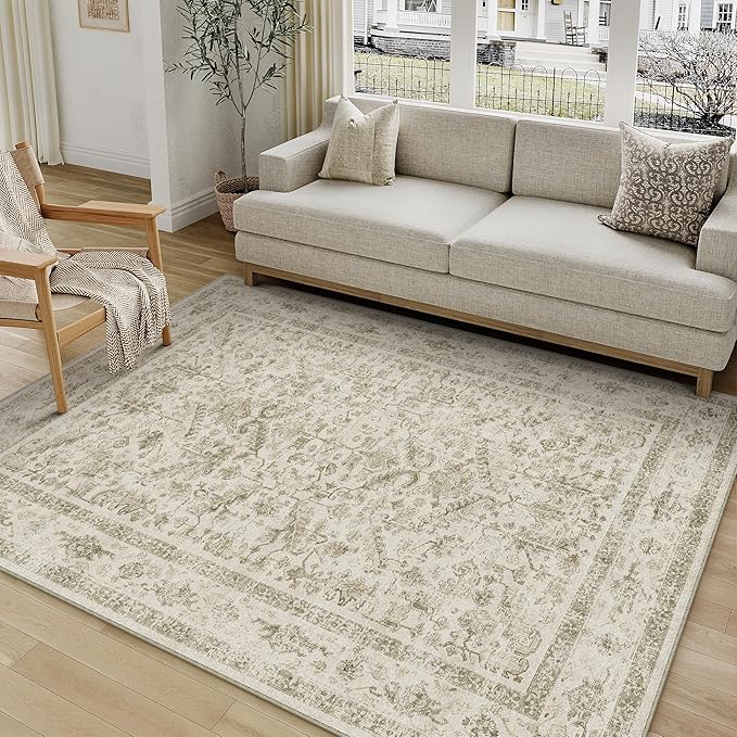 Taupe 5x7 Area Rug Vintage Washable Living Room Carpet Non Slip Bedroom Indoor Office Low Pile Traditional Distressed Retro Accent Rug for Dining Room Bathroom Kitchen
