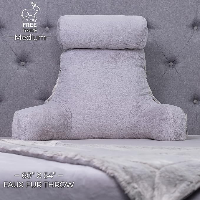 Husband Pillow Medium Rare Baby Arctic Grey Wolf Backrest, 2-Tone Reversible Double Sided Fabulous Faux Fur Reading & Bed Rest Pillow with Arms & Neck Roll, Adjustable Memory Foam - Extremely Comfy