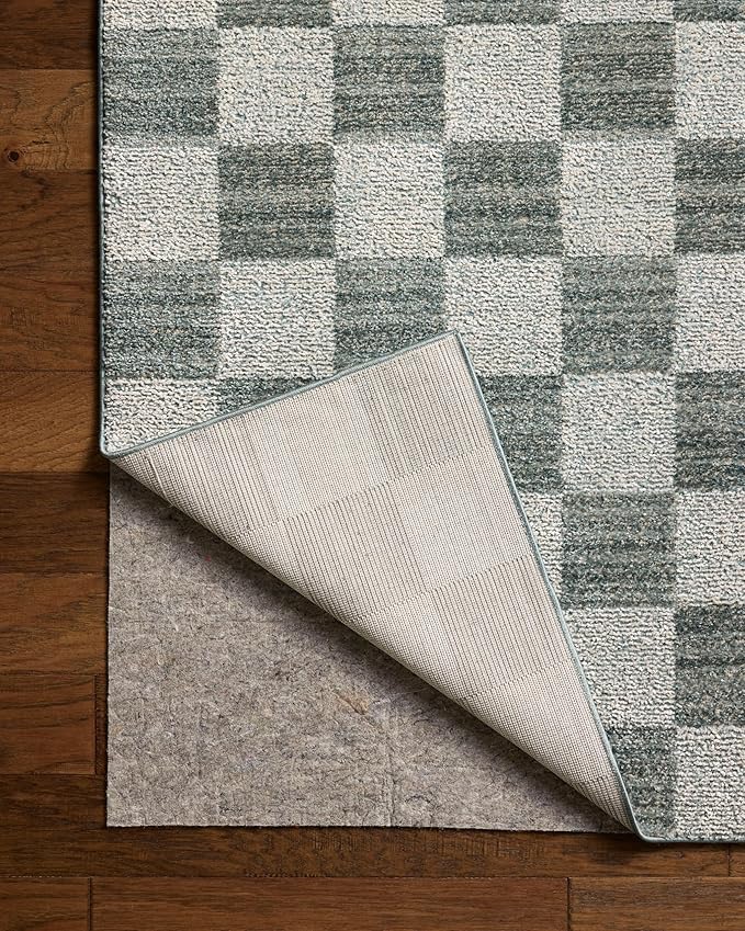 Loloi Chris Loves Julia Calvin Collection CLV-01 Blue/Ivory 5'-3" x 5'-3" Round Area Rug Checkered Neutral Soft Living Room Bedroom Carpet