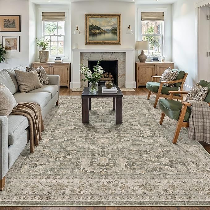 Brown 8x10 Area Rug Vintage Washable Living Room Carpet Non Slip Bedroom Indoor Office Low Pile Large Traditional Distressed Retro Accent Rug for Dining Room Bathroom Kitchen