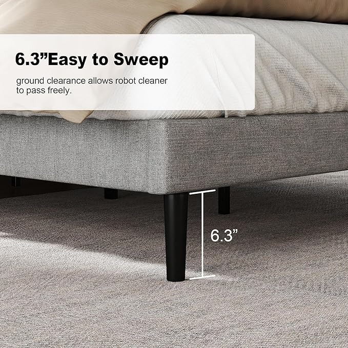 Queen Size Bed Frame with Fabric Upholstered Headboard, Platform Bed with Wooden Slats Support, Fully Mattress Foundation, Box Spring Optional, Easy Assembly