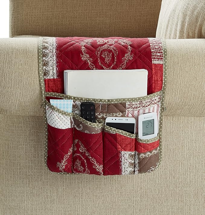 Brilliant Sunshine Burgundy Floral Patchwork Couch Armrest 5 Pockets Organizer, Slip Resistant Armchair Caddy, Washable Remote Controls Holder, Storage for Magazine, Tablet, iPad, 35×13", Burgundy