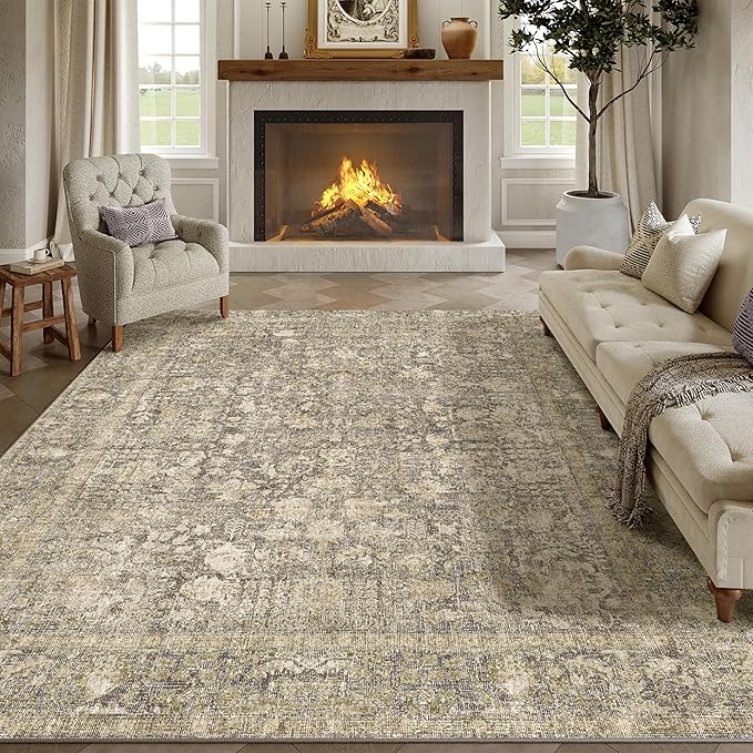 Brown Area Rug 6x9 Machine Washable Vintage Living Room Distressed Non Slip Carpet Traditional Indoor Bedroom Retro Floral Accent Throw Large Rug for Office Kitchen Dining Room