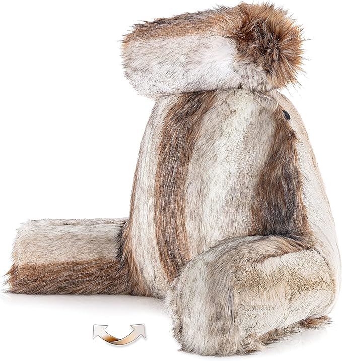Husband Pillow XXL Rare Baby Coyote Fabulous Faux Fur Backrest, 2-Tone Reversible Double Sided Reading & Bed Rest Pillow with Arms & Neck Roll, Adjustable Memory Foam - Sit Up Extremely Comfy