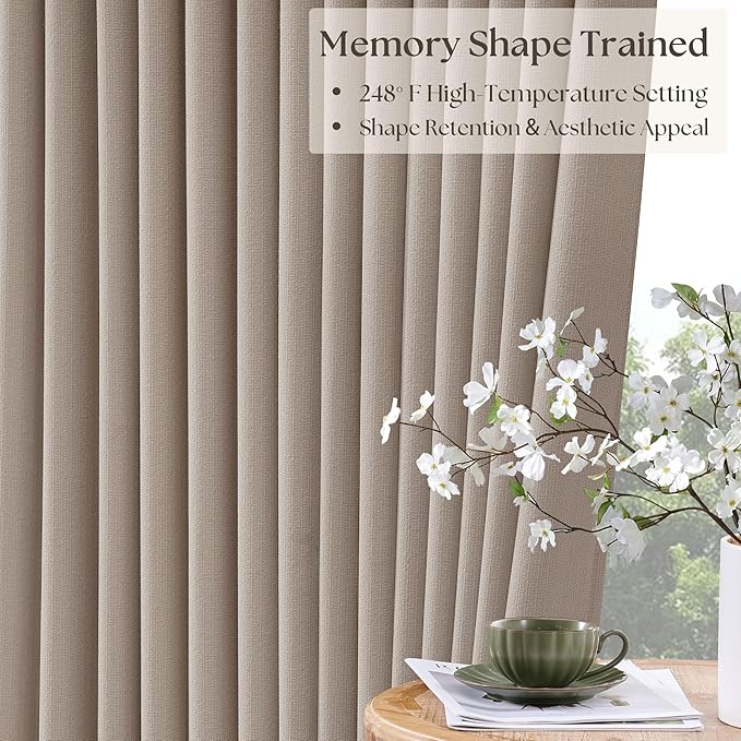Pleated Linen Blackout Curtains 112 Inches Long for Living Room Pinch Pleat for Track System Custom Made Memory Shape Drape 100% Black Out Light Blocking Bedroom Window Curtain Greige Burlywood Birch