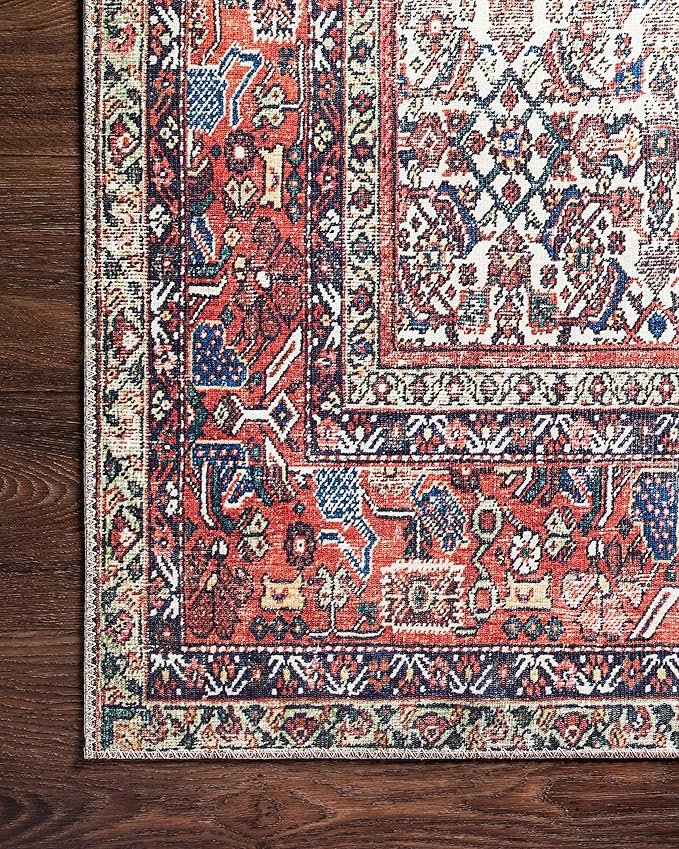Loloi Layla Collection LAY-12 Ivory/Brick 2'-0" x 5'-0" .13" Thick Accent Rug, Soft, Durable, Vintage Inspired, Distressed, Low Pile, Non-Shedding, Easy Clean, Printed, Living Room Rug