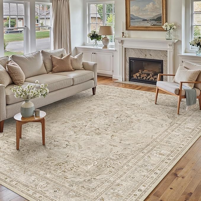 Brown 5x7 Area Rug Washable Vintage Carpet for Living Room Office Soft Retro Floral Low Pile Thin Indoor Rug Non Slip Central Medallion Floor Cover for Bedroom Dining Room