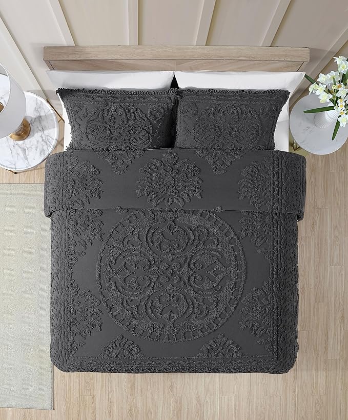 Beatrice Home Fashions Medallion Chenille Bedspread, Standard Sham, Charcoal