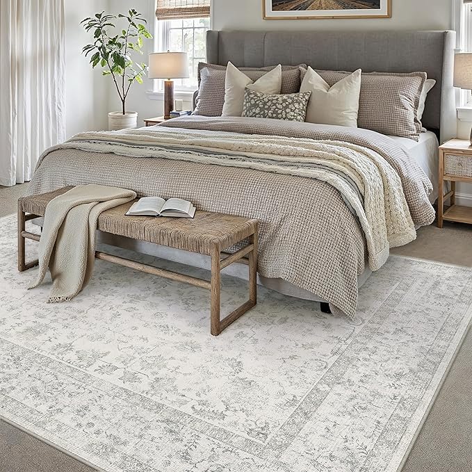 5x7 Grey Area Rug Non Slip Vintage Living Room Distressed Machine Washable Carpet Traditional Indoor Bedroom Grey Retro Floral Accent Throw Rug for Office Kitchen Dorm Dining Room