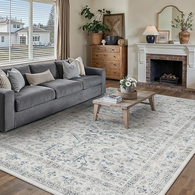 Blue 5x7 Area Rug Vintage Washable Living Room Carpet Non Slip Bedroom Indoor Office Low Pile Traditional Distressed Retro Accent Rug for Dining Room Bathroom Kitchen