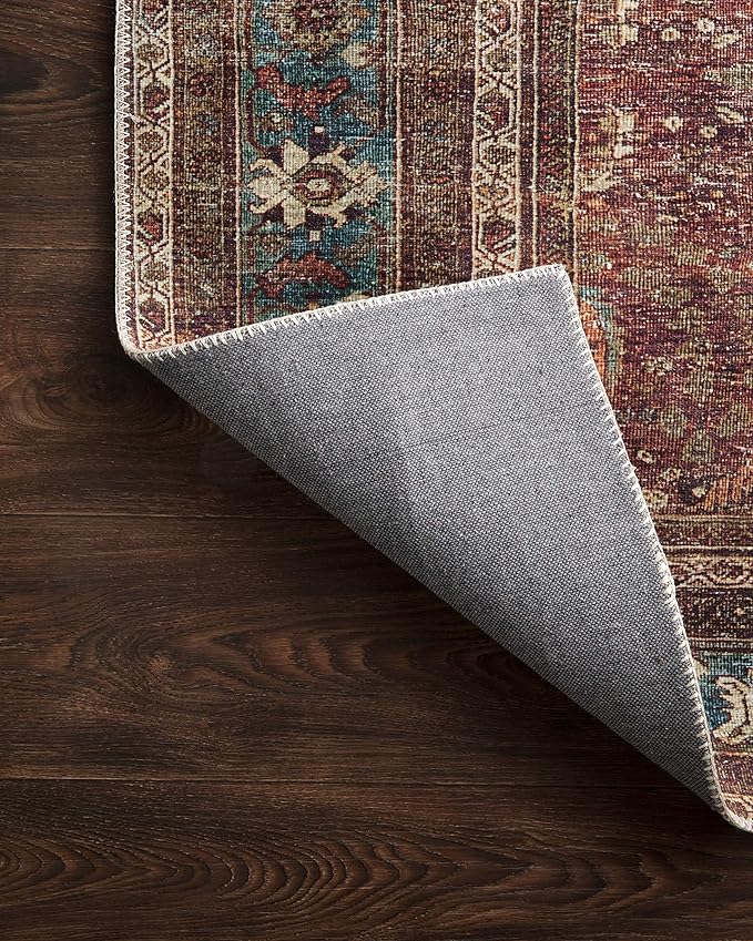 Loloi Layla Collection LAY-01 Brick/Blue 5'-0" x 7'-6" .13" Thick Area Rug, Soft, Durable, Vintage Inspired, Distressed, Low Pile, Non-Shedding, Easy Clean, Printed, Living Room Rug