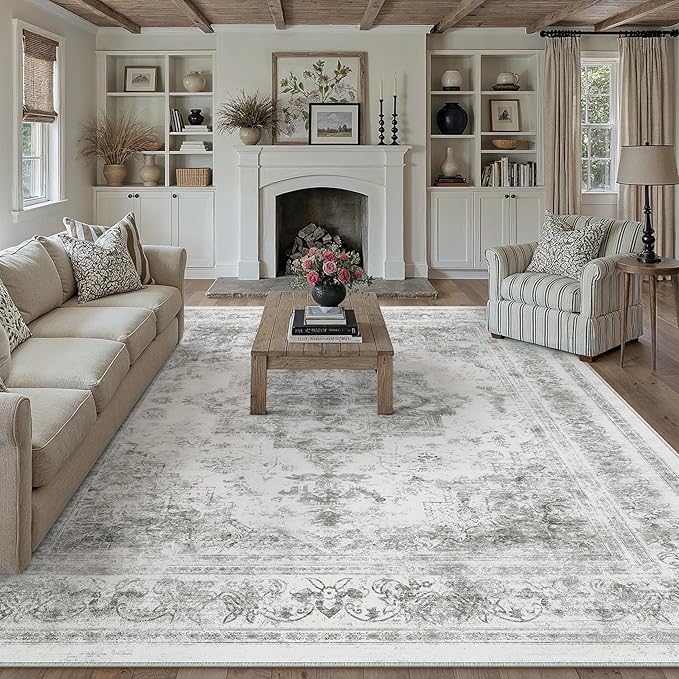 Washable Rug 9x12 Area Rug for Living Room Gray Vintage Boho Medallion Large Grey Distressed Retro Carpet Non Slip Indoor Low Pile Small Soft Bedroom Dining Room Home Office