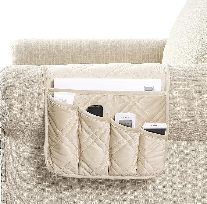 Brilliant Sunshine Beige Velvet Couch Armrest 5 Pockets Organizer, Slip Resistant Recliner Armchair Caddy, Washable Remote Controls Holder, Storage for Magazine, Tablet, Phone, 35×13", Beige Natural