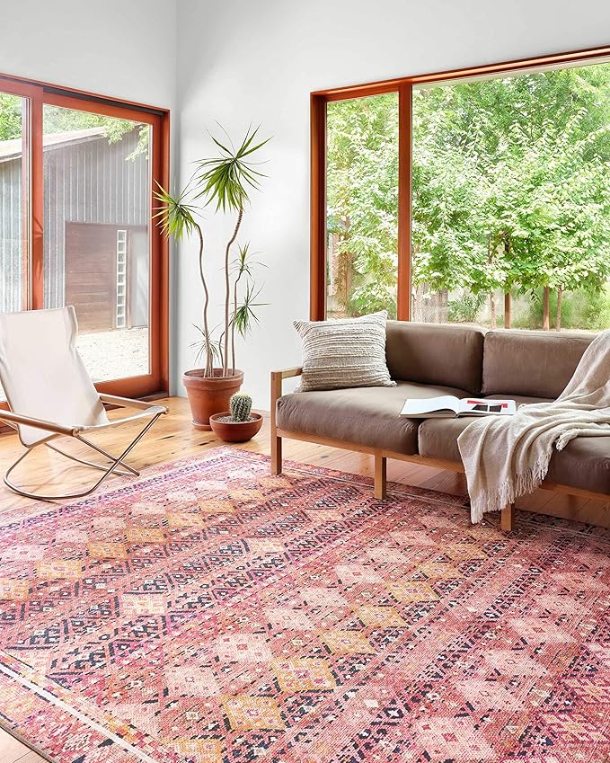 Loloi Layla Collection LAY-15 Magenta/Multi 2'-6" x 7'-6" .13" Thick Runner Rug, Soft, Durable, Vintage Inspired, Distressed, Low Pile, Non-Shedding, Easy Clean, Printed, Living Room Rug