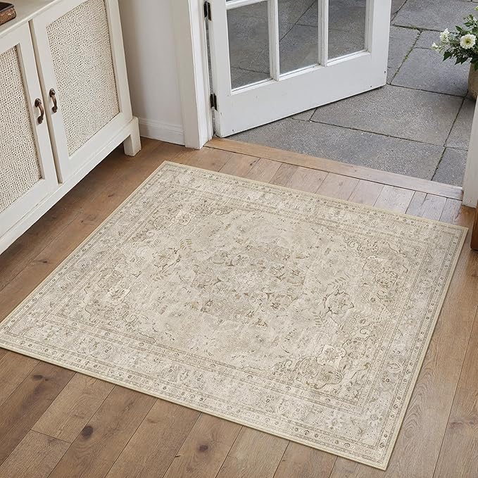 Brown 2x3 Area Rug Washable Vintage Small Carpet for Entryway Kitchen Soft Retro Floral Low Pile Thin Door Mat Non Slip Central Medallion Throw Rug for Bathroom Office Bedroom Dining Room