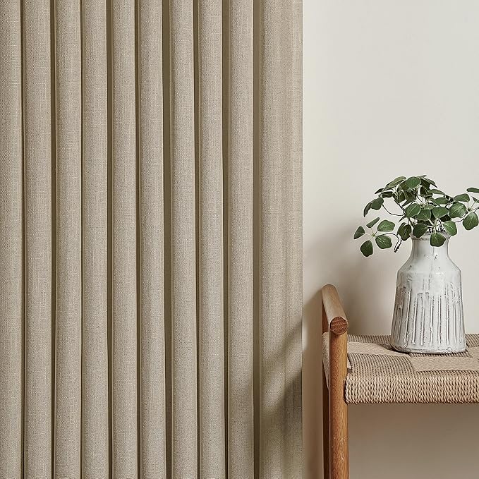 Neutral Pinch Pleated 96 Inch Curtains 2 Panels Set for Windows Flax Linen Textured Drapes Pinch Pleat Back Tab Privacy Light Filtering Greige Curtain Drape with Hooks Rings for Living Room Bedroom