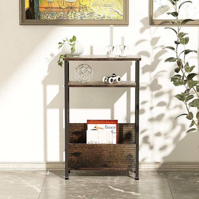 THUMEYE 7.1" Narrow Side Table for Small Spaces, 3 Tier Small End Table with Magazine Holder, Slim/Skinny Nightstand/Bedside Table for Living Room, Bedroom, 15.4" L x 24.2" H