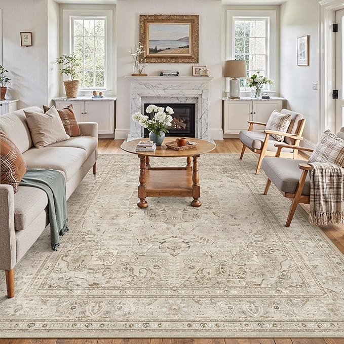 Brown 8x10 Area Rug Washable Vintage Carpet for Living Room Bedroom Large Soft Retro Floral Low Pile Thin Indoor Rug Non Slip Central Medallion Floor Cover for Dining Room Office