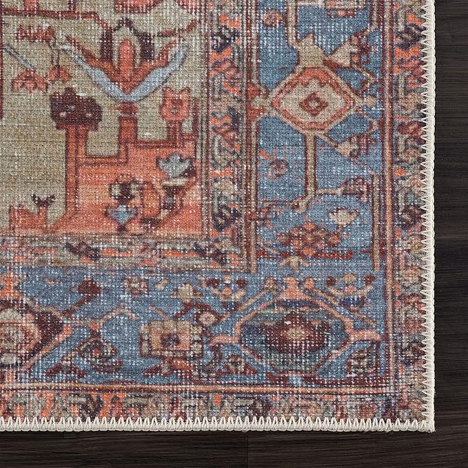 Bloom Rugs Washable Non-Slip 2' x 3' Rug - Terracotta/Blue Traditional Oriental Area Rug for Living Room, Bedroom, Dining Room, and Kitchen - Exact Size: 2' x 3'