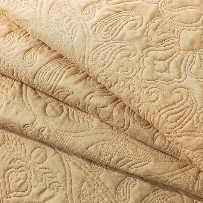 HoneiLife Embroidered Quilt King Size - 3 Pieces Microfiber Quilt Sets Lightweight Bedspreads Reversible Coverlets Retro Bed Cover Paisley Pattern Bedding Set All Season Quilts-Yellow