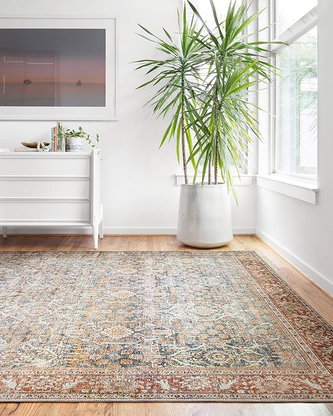 Loloi Layla Collection LAY-04 Ocean/Rust 2'-3" x 3'-9" .13" Thick Accent Rug, Soft, Durable, Vintage Inspired, Distressed, Low Pile, Non-Shedding, Easy Clean, Printed, Living Room Rug