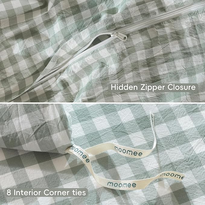 MooMee Gingham Duvet Cover Set 100% Washed Cotton Linen Like Textured Breathable Durable Soft Comfy Modern Checkered Design (Sage Green Gingham, Cal King 104"x98")