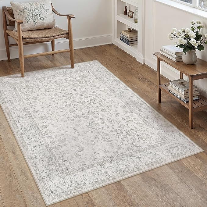 3x5 Grey Area Rug Non Slip Vintage Office Entryway Rug Distressed Machine Washable Kitchen Carpet Traditional Retro Floral Accent Throw Door Mat for Bedroom Bathroom Dining Living Room