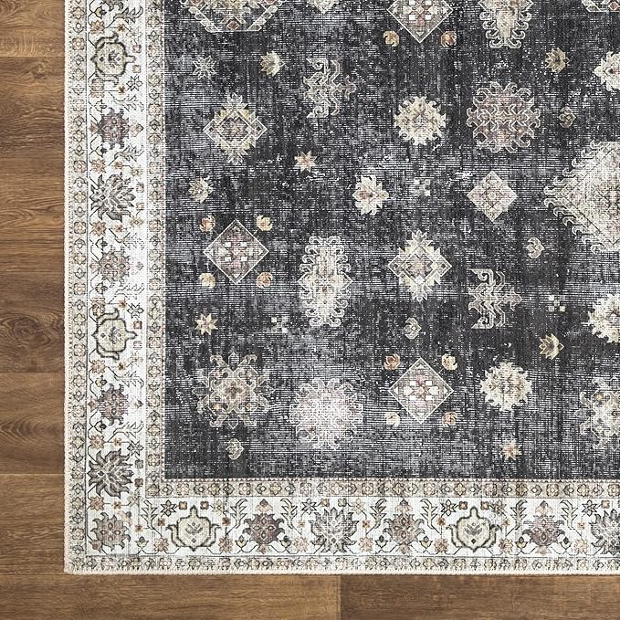 Bloom Rugs Washable Non-Slip 6' x 9' Rug - Black/Ivory Traditional Area Rug for Living Room, Bedroom, Dining Room, and Kitchen - Exact Size: 6' x 9'