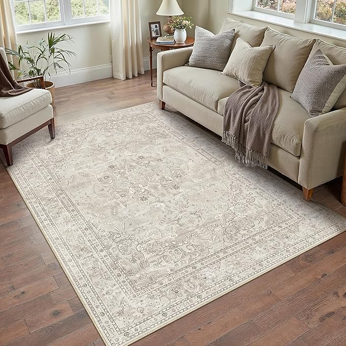 Beige 4x6 Area Rug Washable Vintage Carpet for Office Living Room Soft Retro Floral Low Pile Thin Indoor Rug Non Slip Central Medallion Floor Cover for Bedroom Kitchen Dining Room