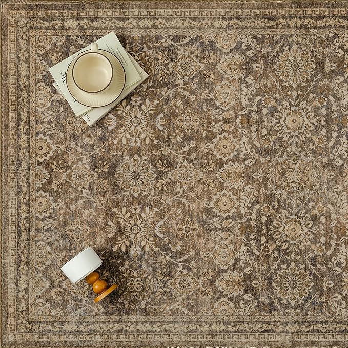 5x7 Vintage Area Rug Brown Washable Living Room Large Non Slip Carpet Bedroom Indoor Office Low Pile Traditional Distressed Retro Floral Accent Rug for Dining Room Bathroom Kitchen