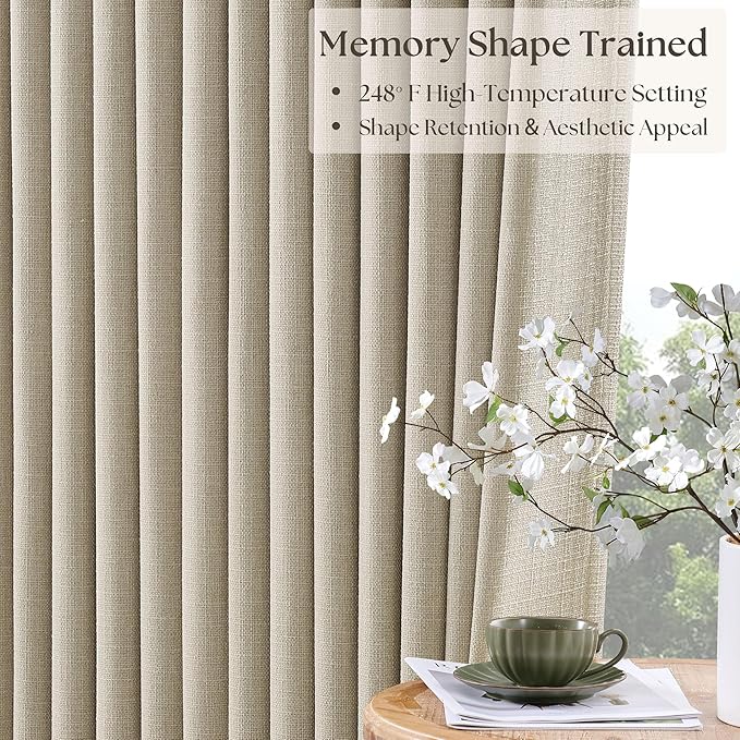 Neutral Oatmeal Pinch Pleated 100% Blackout Linen Curtains 80 Inch Length 2 Panels Set Pinch Pleat Curtains Black Out Light Blocking Room Darkening Drapes with Liner for Bedroom Living Room Window