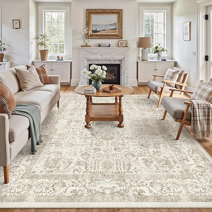 Light Brown Area Rug 6x9 Machine Washable Vintage Living Room Distressed Non Slip Carpet Traditional Indoor Bedroom Retro Floral Accent Throw Large Rug for Office Kitchen Dining Room