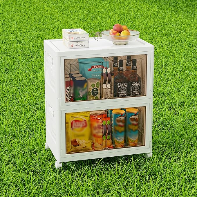 Storage Bins with Lids and Wheels, 90QT-45QT*2Tier Collapsible Bathroom Storage Cabinet with Clear Doors, Plastic Stackable Closet Organizers and Containers White