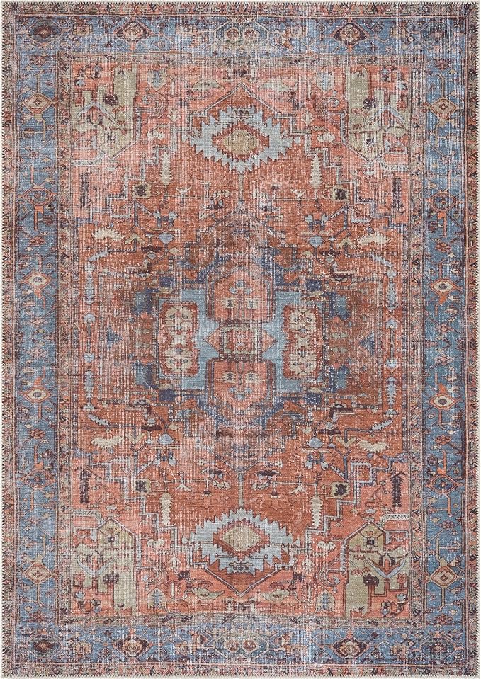 Bloom Rugs Washable Non-Slip 2' x 3' Rug - Terracotta/Blue Traditional Oriental Area Rug for Living Room, Bedroom, Dining Room, and Kitchen - Exact Size: 2' x 3'