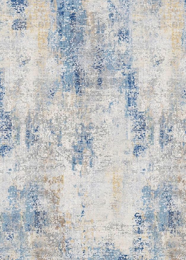 vivorug 9x12 Area Rugs for Living Room, Non Slip Machine Washable Modern Abstract Rug, Ultra-Thin Lightweight Large Area Rug for Bedroom, Dining Room, Low Pile, Blue Ivory Yellow