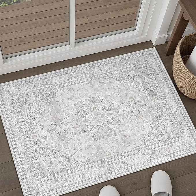 Grey 2x3 Area Rug Washable Vintage Small Carpet for Entryway Kitchen Soft Retro Floral Low Pile Thin Door Mat Non Slip Central Medallion Throw Rug for Bathroom Office Bedroom Dining Room