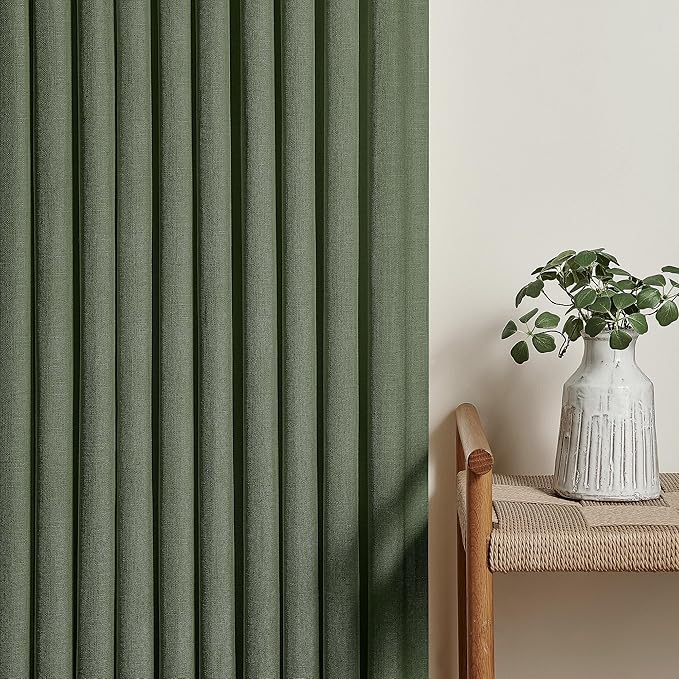 Pleated Linen Olive Green Curtains 102 Inches Long 2 Panels Set for Living Room Bedroom Neutral Farmhouse Cotton Linen Blend Back Tab Memory Shape Pinch Pleat Ceiling Floor 102 Inch Window Curtain