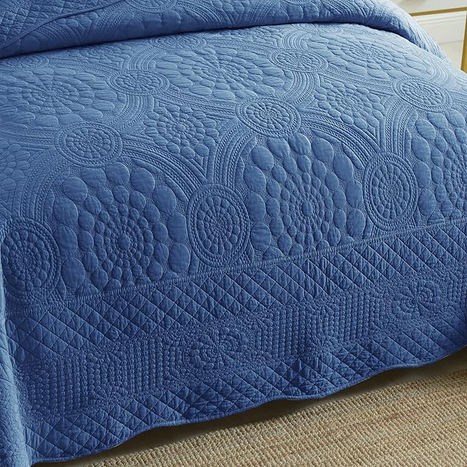 MarCielo 3-Piece 100% Cotton Oversized Bedspread Lightweight Quilt Coverlet Embroidery Farmhouse Bedding Set (Tf Midtone Blue, Oversized Queen (100"x106"))