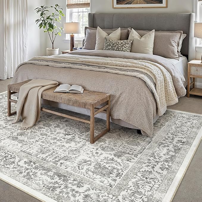 Black Area Rug 6x9 Machine Washable Vintage Living Room Distressed Non Slip Carpet Traditional Indoor Bedroom Retro Floral Accent Throw Large Rug for Office Kitchen Dining Room