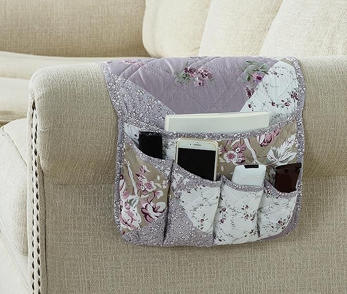 Brilliant Sunshine Lilac Rose Patchwork Couch Armrest 5 Pockets Organizer, Slip Resistant Recliner Armchair Caddy, Washable Remote Controls Holder, Storage for Magazine, Tablet, Phone, iPad, Lilac