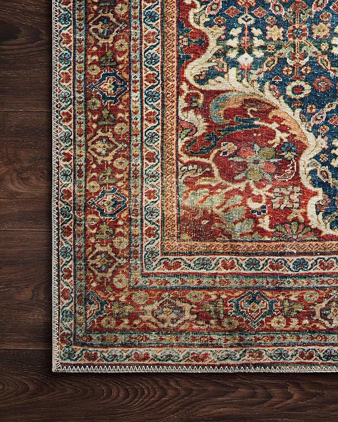 Loloi Layla Collection LAY-09 Cobalt Blue/Spice 7'-6" x 9'-6" .13" Thick Area Rug, Soft, Durable, Vintage Inspired, Distressed, Low Pile, Non-Shedding, Easy Clean, Printed, Living Room Rug