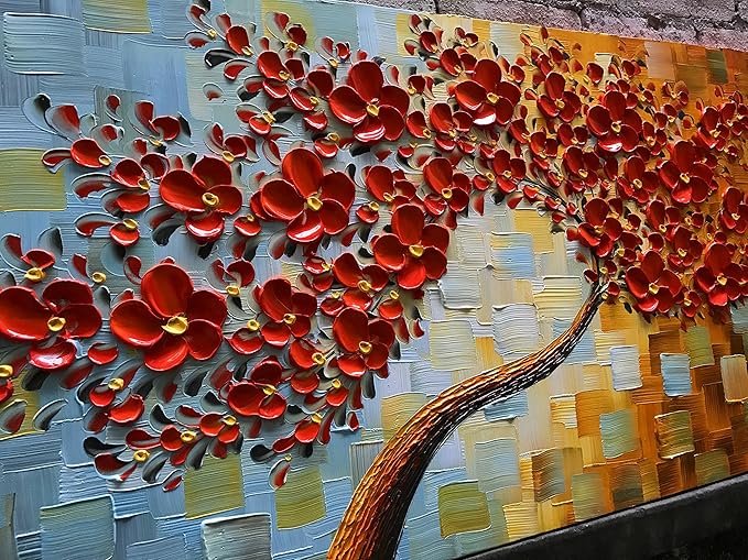 YaSheng Art - large size Red Flower Canvas Wall Art handpainted Contemporary Art Oil Painting On Canvas Texture Abstract 3D Tree Paintings Modern Home Decor Wall Art for living room Ready to hang 24x60inch