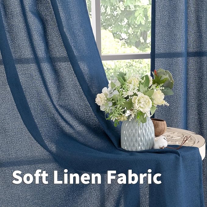 YoungsTex Navy Blue Linen Curtains 95 Inch Length for Living Room, Light Filtering Semi Sheer Drapes with Bronze Grommet Privacy for Bedroom Decorative, 52 x 95 Inch, 2 Panels