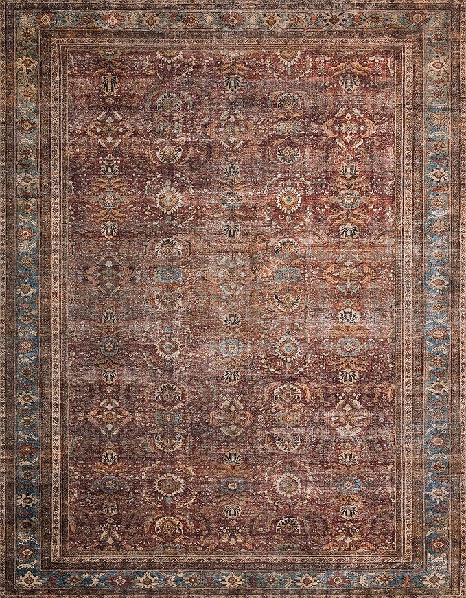 Loloi Layla Collection LAY-01 Brick/Blue 9'-0" x 12'-0" .13" Thick Area Rug, Soft, Durable, Vintage Inspired, Distressed, Low Pile, Non-Shedding, Easy Clean, Printed, Living Room Rug