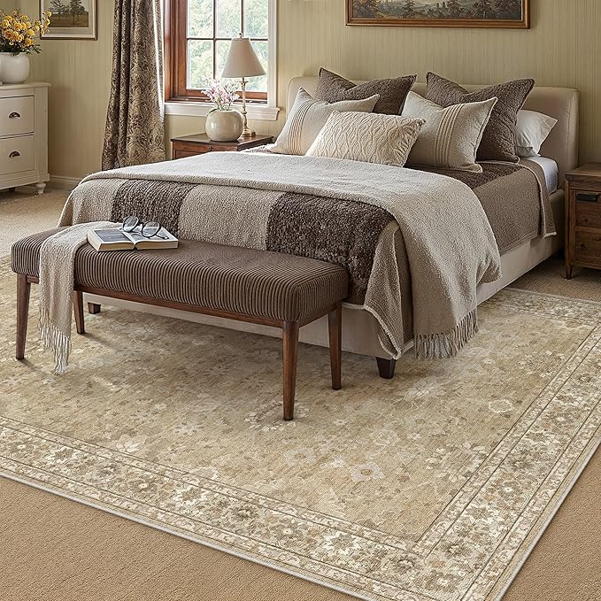 8x10 Brown Area Rug Non Slip Large Vintage Living Room Distressed Machine Washable Retro Carpet Indoor Bedroom Traditional Floral Accent Throw Rug for Office Kitchen Dorm Dining Room