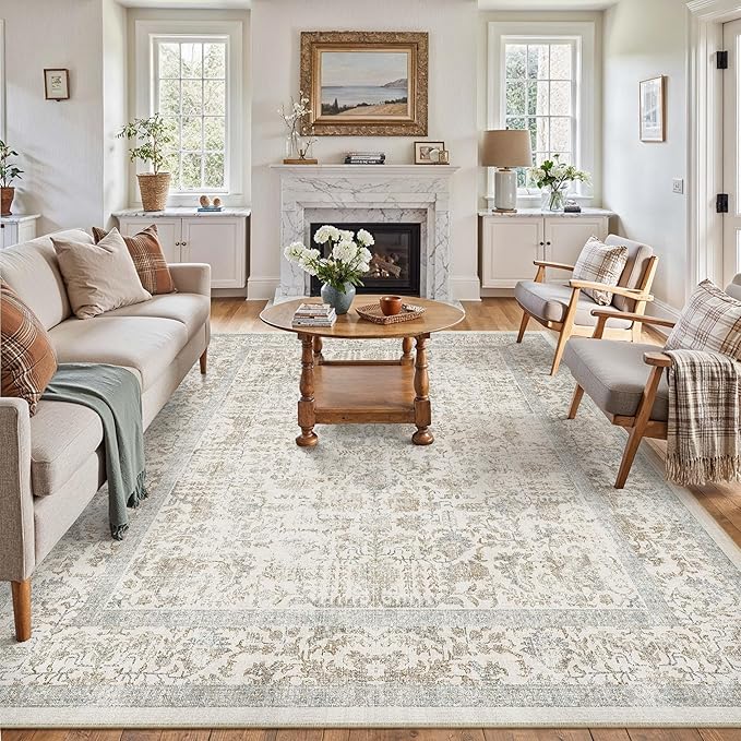 Taupe Area Rug 9x12 Machine Washable Large Vintage Living Room Distressed Non Slip Carpet Traditional Indoor Bedroom Retro Floral Accent Throw Rug for Office Kitchen Dining Room